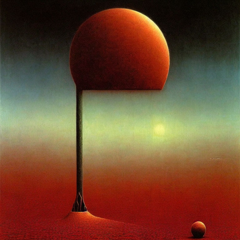 Surreal painting: Large orange sphere on slender column in red landscape