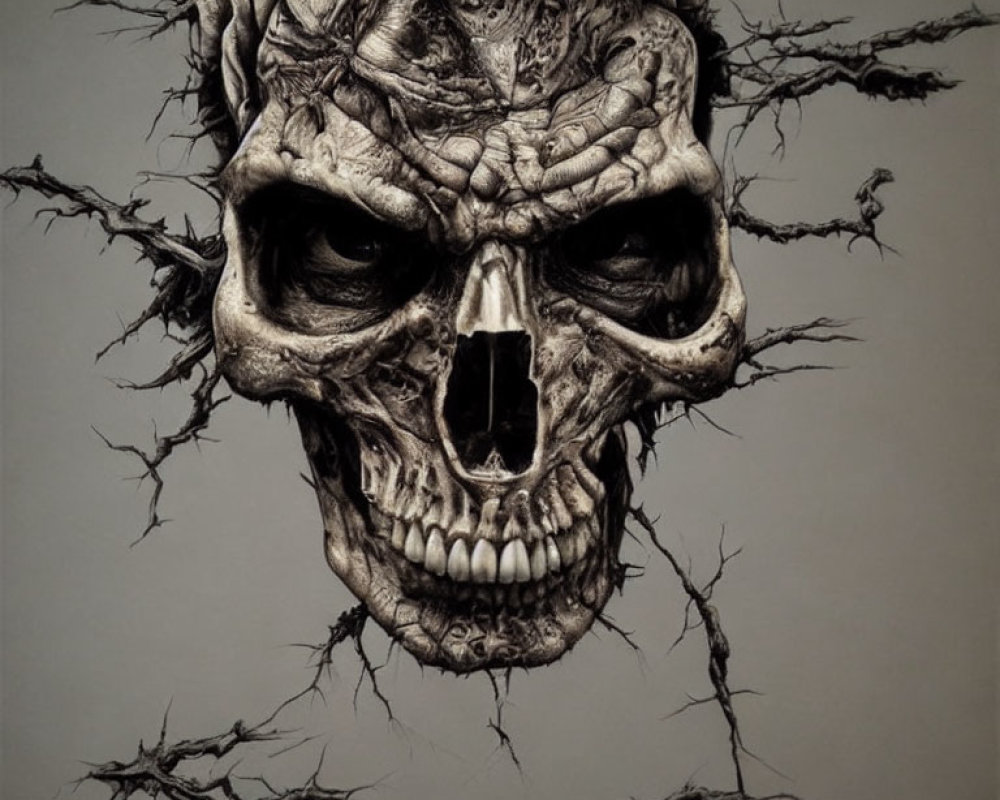 Detailed Drawing of Skull with Textured Lines and Branches Resembling Cracks