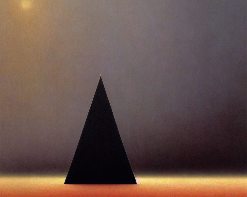 Minimalist black triangle on horizon under gray sky with orange-white base and faint sun/moon.