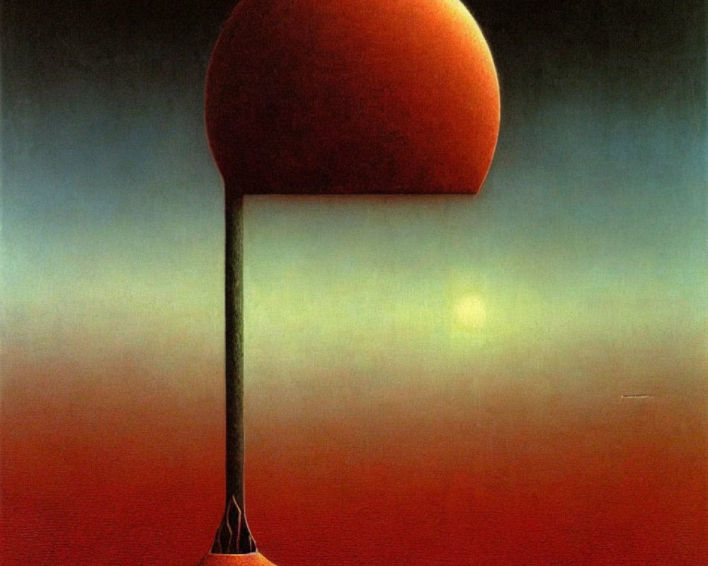 Surreal painting: Large orange sphere on slender column in red landscape