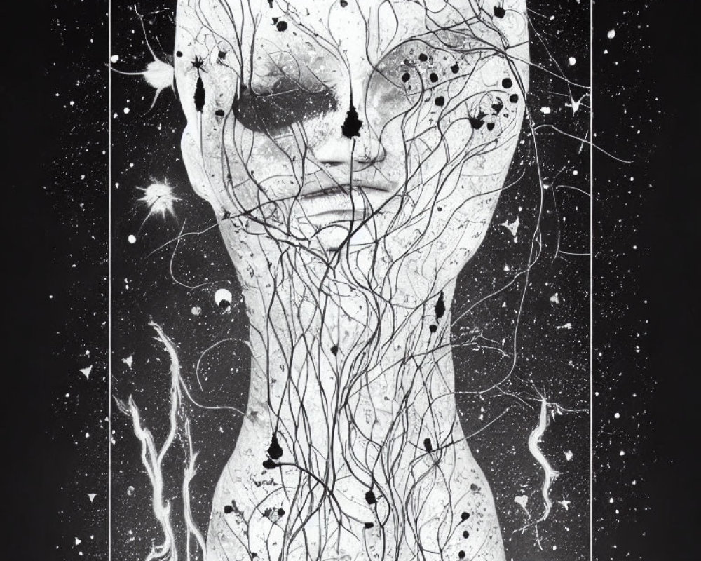 Monochrome surreal face with cosmic and tree-like elements on starry backdrop