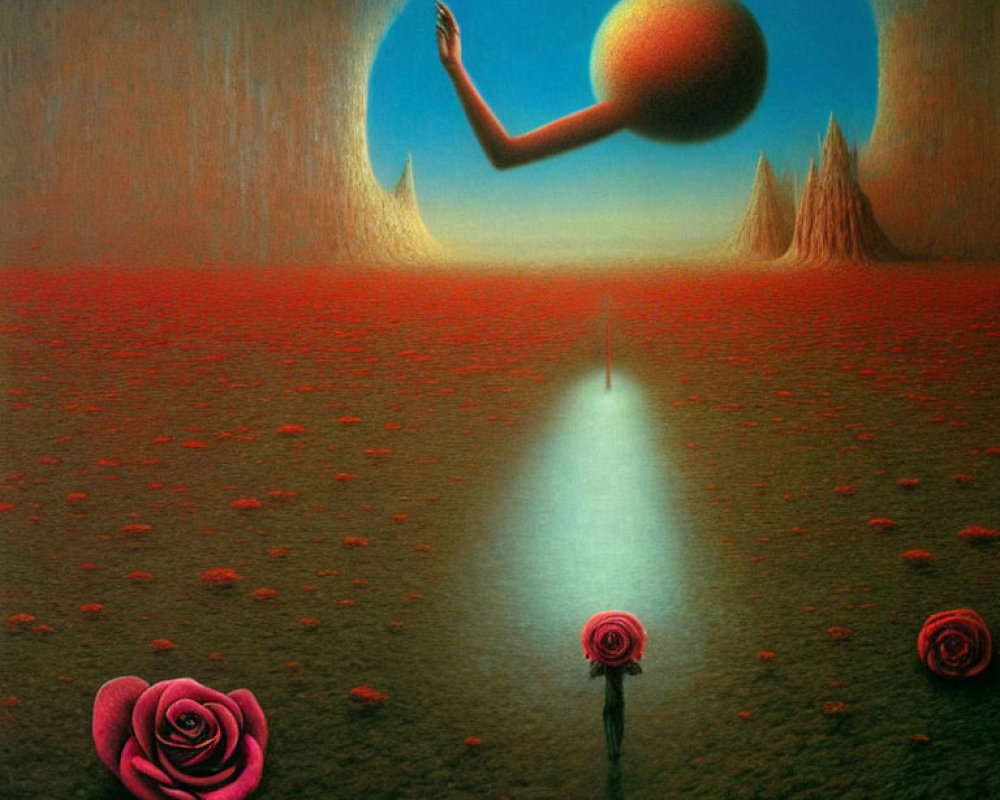 Surreal landscape featuring giant hand, spherical object, rose, and circular opening