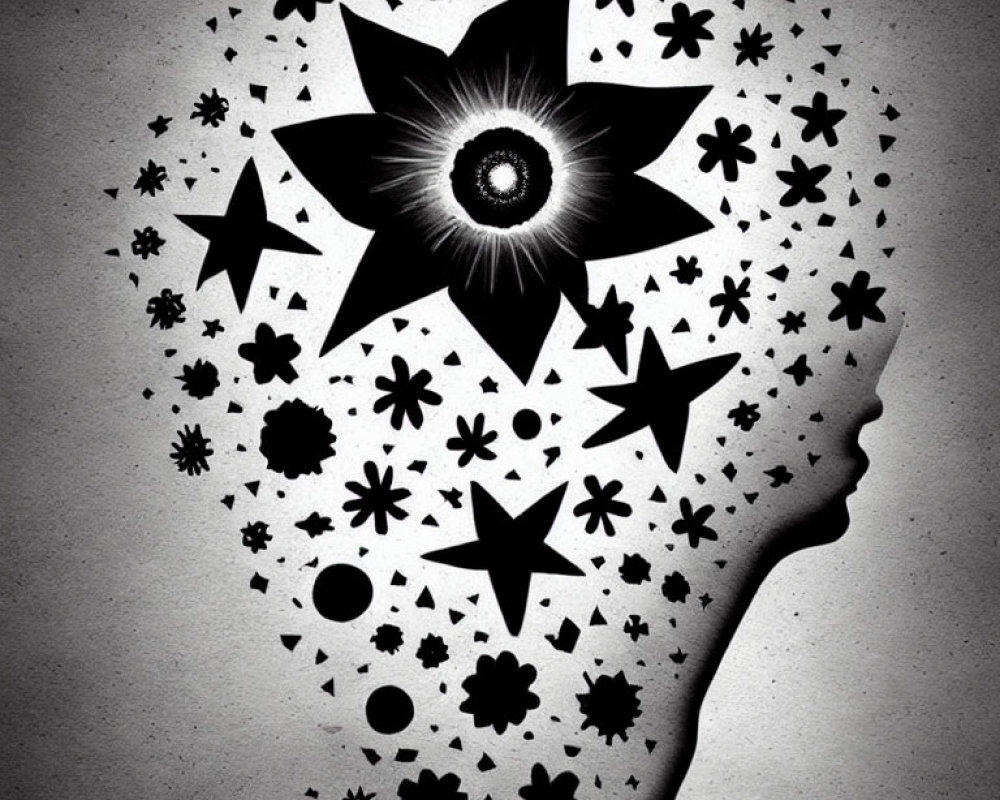 Cosmic-themed human head silhouette with central eye and stars on gray background