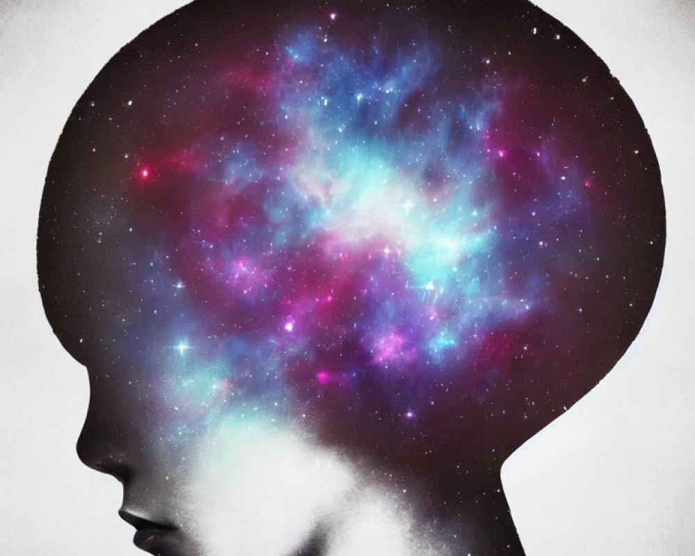 Human head profile silhouette with vibrant galaxy inside on white background