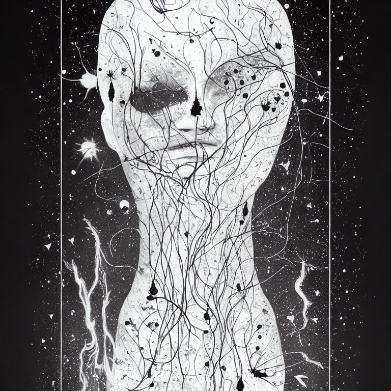 Monochrome surreal face with cosmic and tree-like elements on starry backdrop