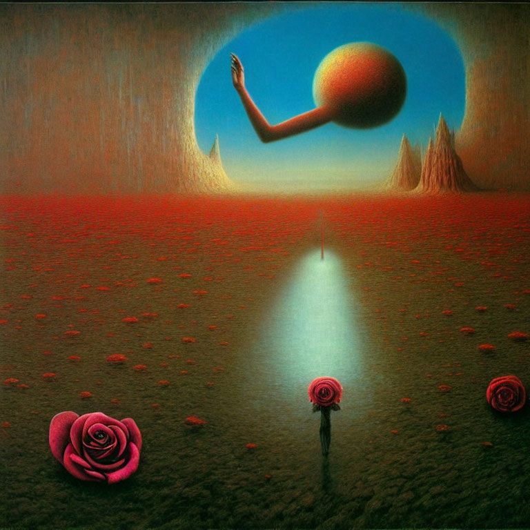 Surreal landscape featuring giant hand, spherical object, rose, and circular opening