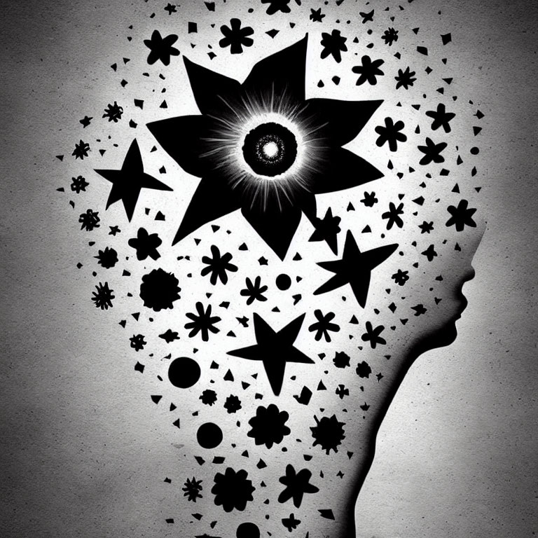 Cosmic-themed human head silhouette with central eye and stars on gray background