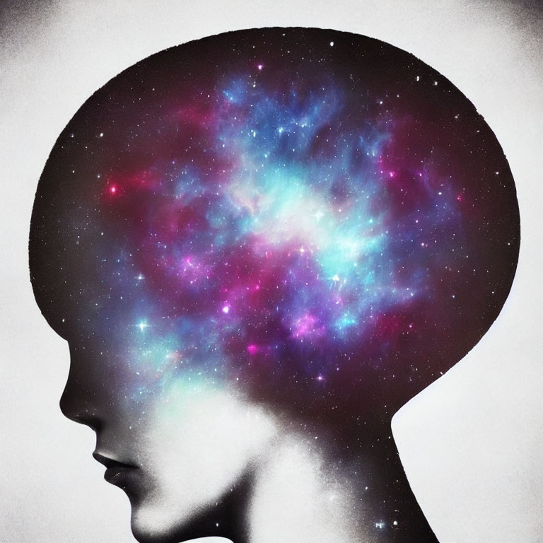 Human head profile silhouette with vibrant galaxy inside on white background