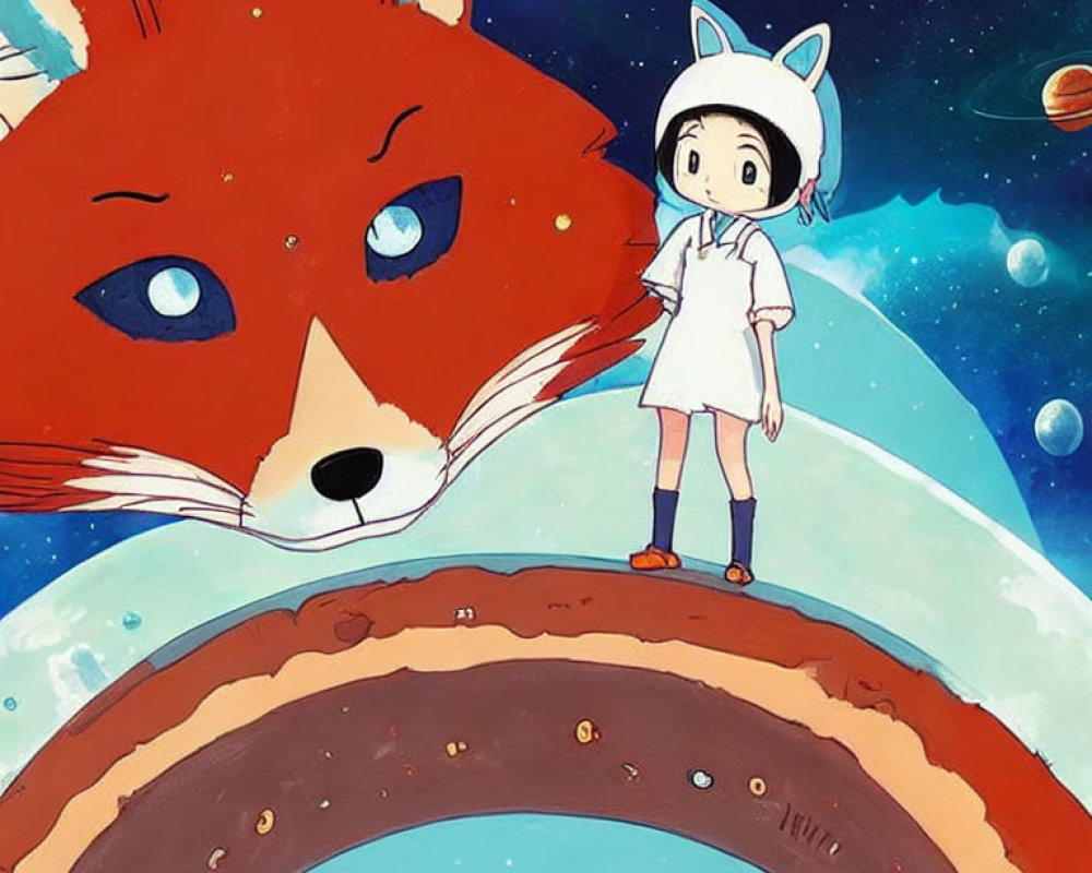 Girl with Rabbit-Like Hat & Giant Red Fox on Curved Space Bridge