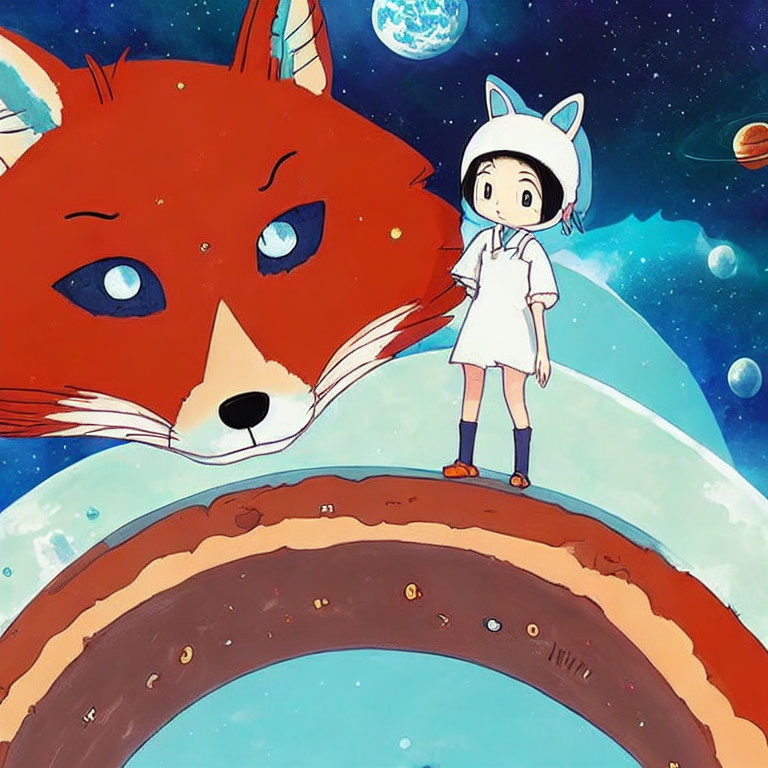 Girl with Rabbit-Like Hat & Giant Red Fox on Curved Space Bridge