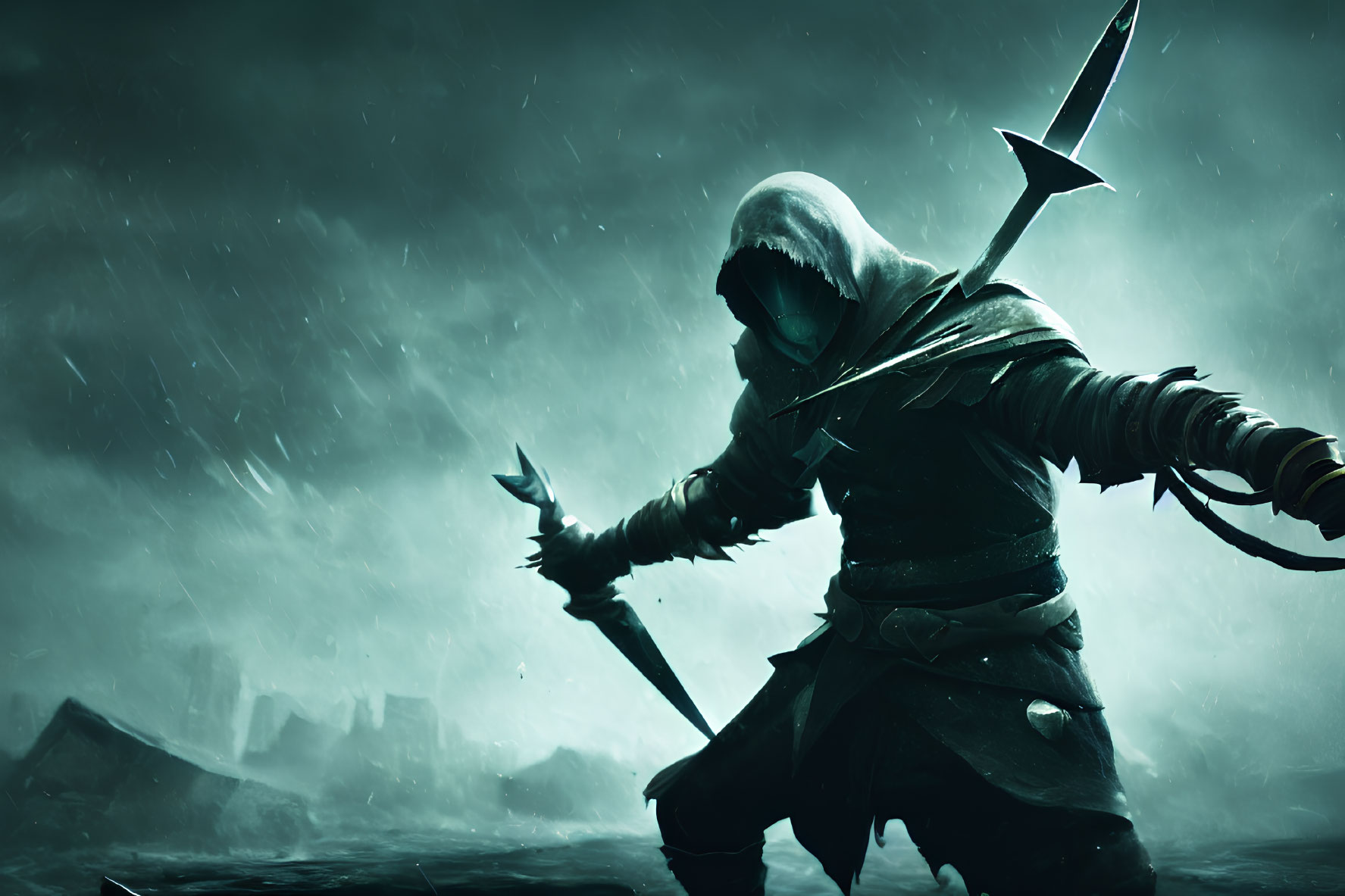 Hooded figure with spear in stormy setting.