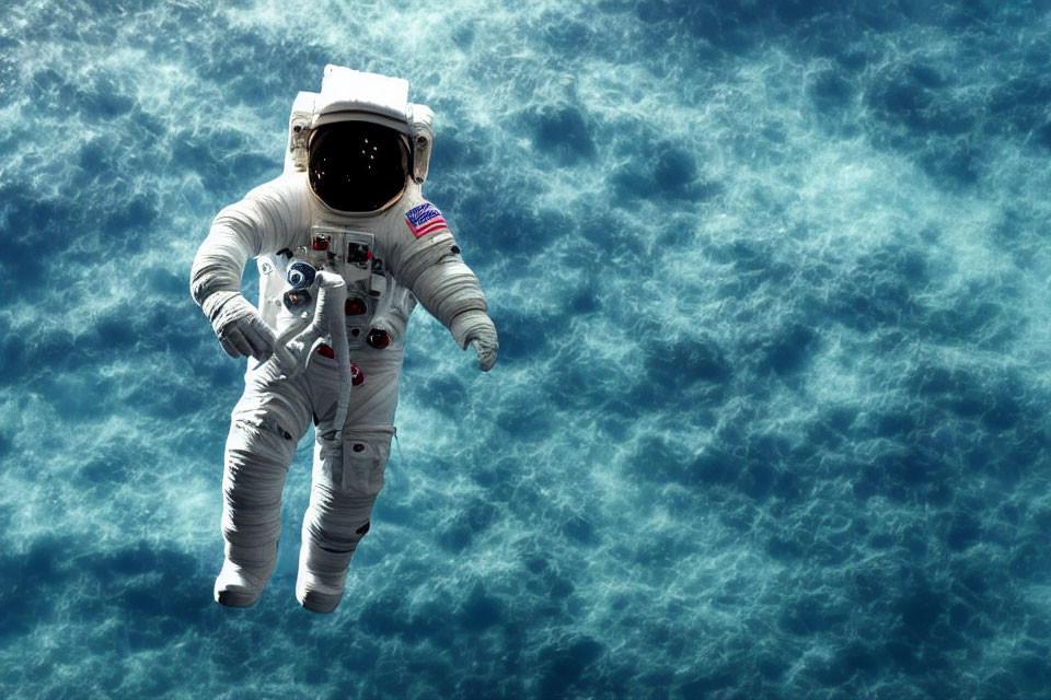 Astronaut in white space suit floats in zero gravity against cloudy blue sky backdrop