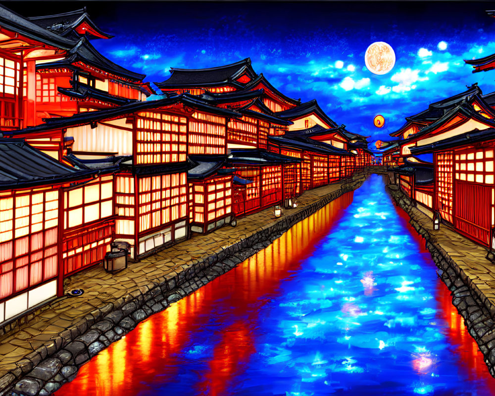 Digital artwork: Traditional Japanese village at night with illuminated buildings and water canal under full moon