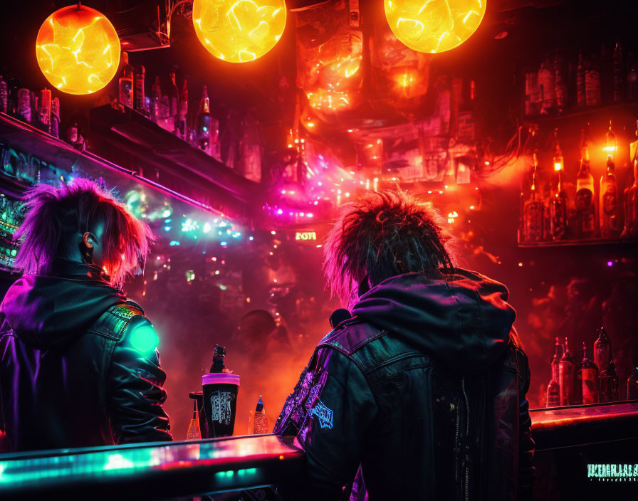 Two people with punk hairstyles at neon-lit bar counter under blue and purple lights