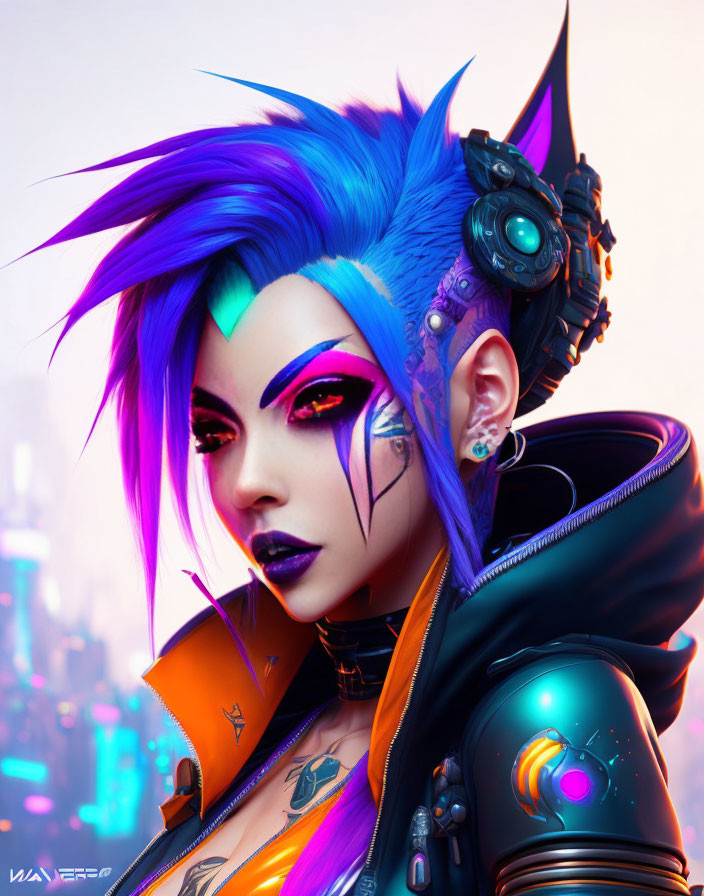 Female character with blue-purple hair in futuristic digital art