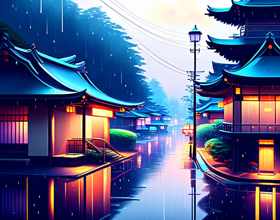 Colorful Anime-style Illustration of Rainy Japanese Street at Twilight