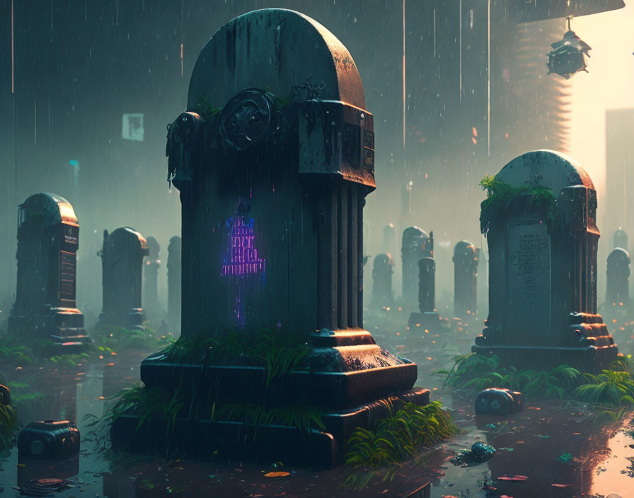 Futuristic graveyard in rain with neon-lit tombstones