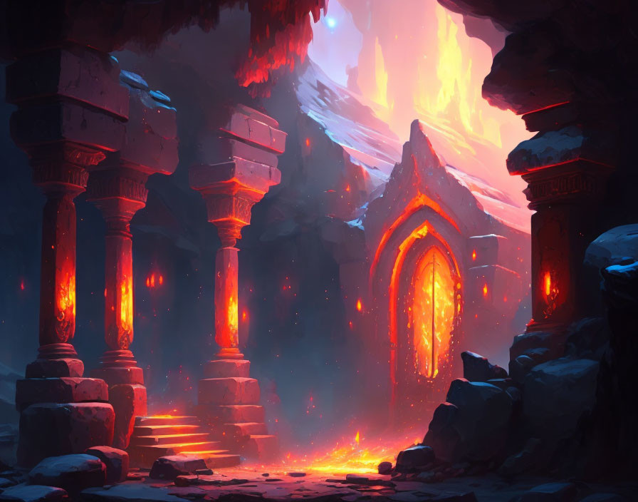 Ethereal subterranean scene with glowing lava and ancient stone columns