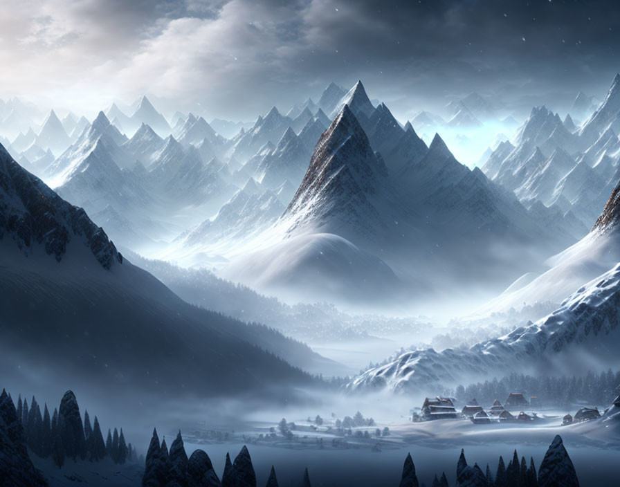 Snow-covered dusk landscape with mountain range and village under starry sky