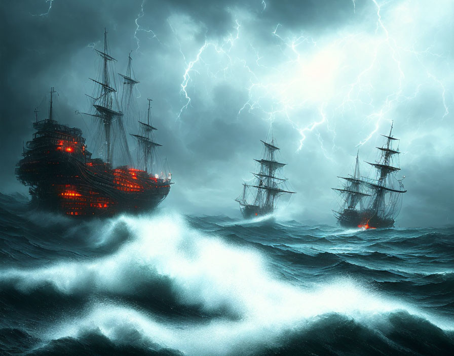 Stormy seas: Three sailing ships in battle under lightning-filled skies