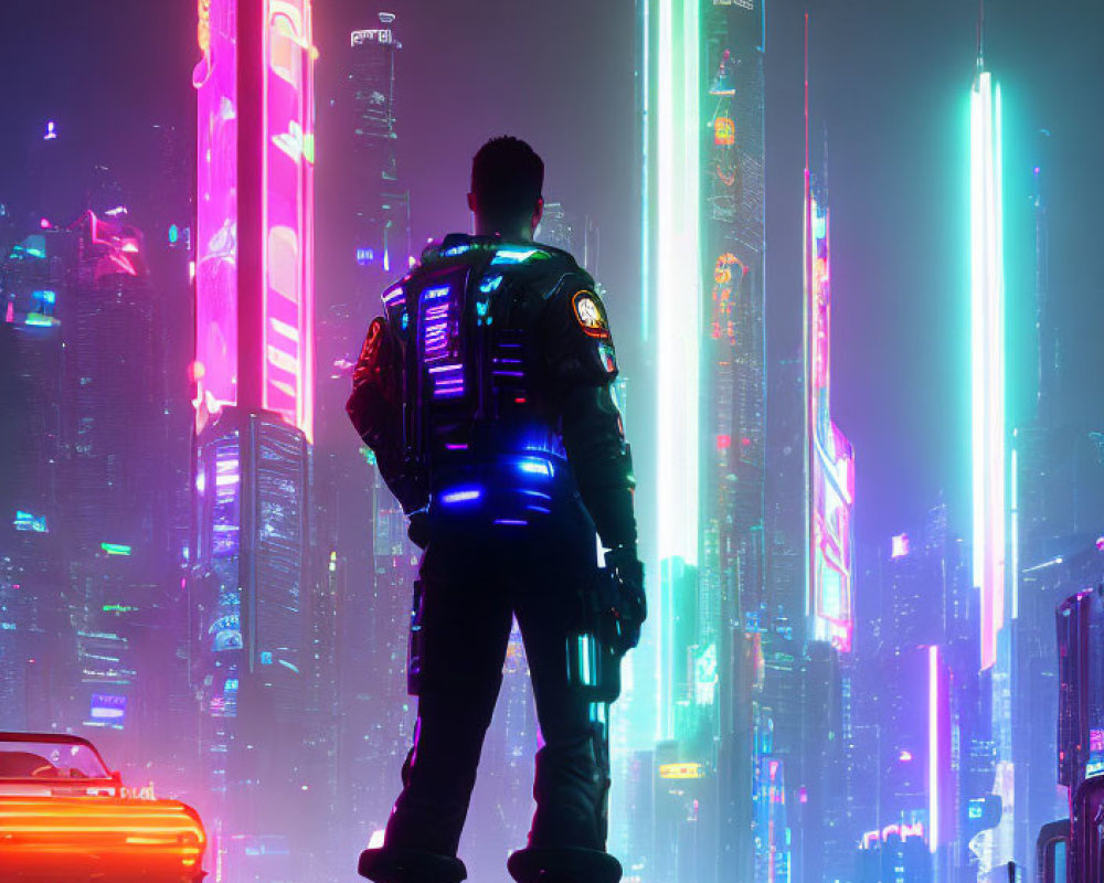 Futuristic figure in glowing attire in cyberpunk cityscape at night