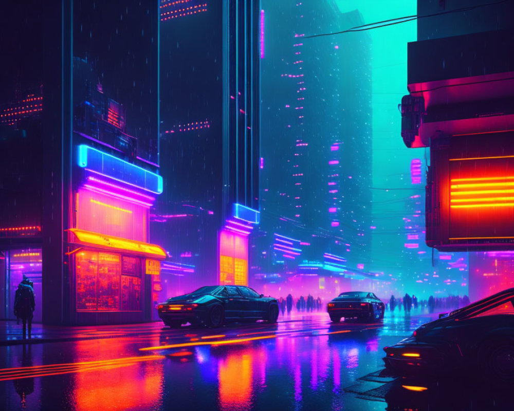 Futuristic neon-lit cityscape with wet streets, silhouettes, and sleek cars at