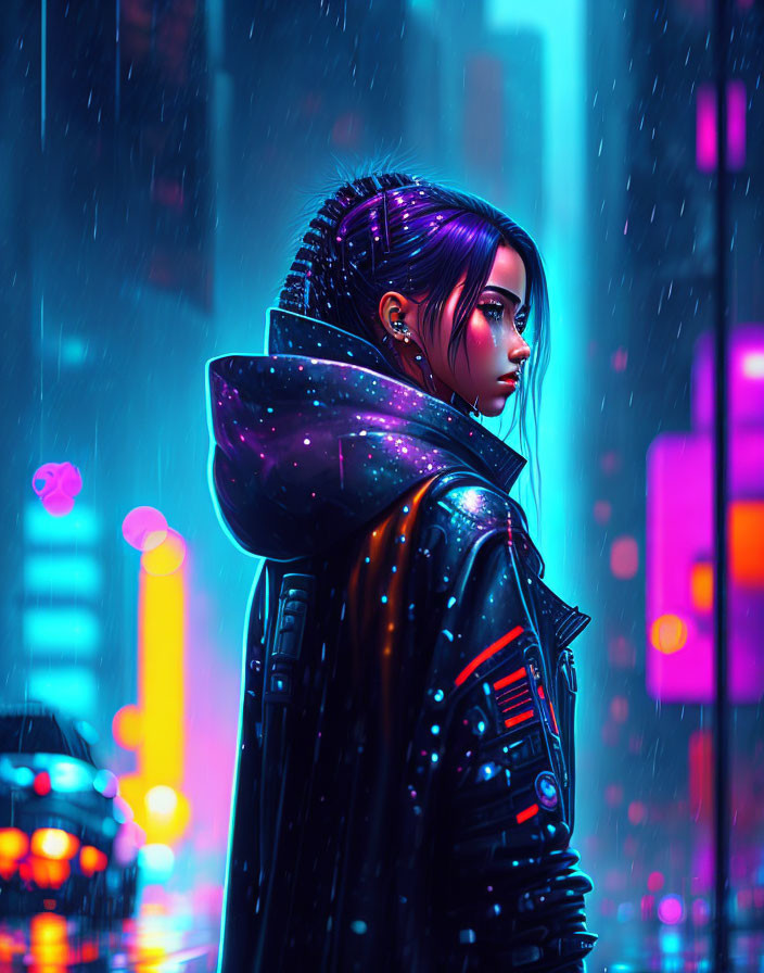 Futuristic jacket woman in neon-lit city rain scene