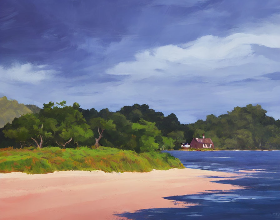 Tranquil river scene with sandy shore, lush greenery, and distant house