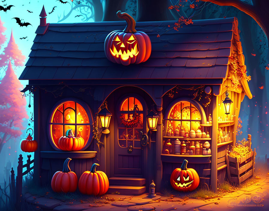 Spooky Halloween house with jack-o'-lanterns, bats, and autumn trees