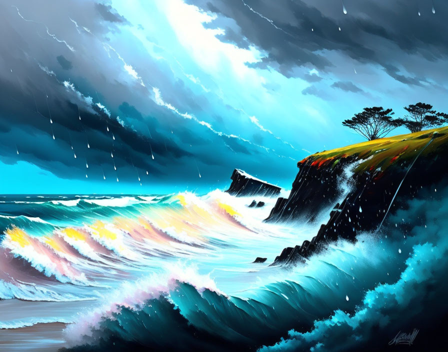 Stormy Sea Digital Painting with Waves Crashing on Cliff