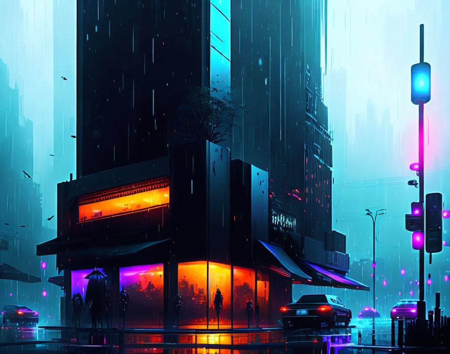 Futuristic cyberpunk cityscape with neon lights and rain