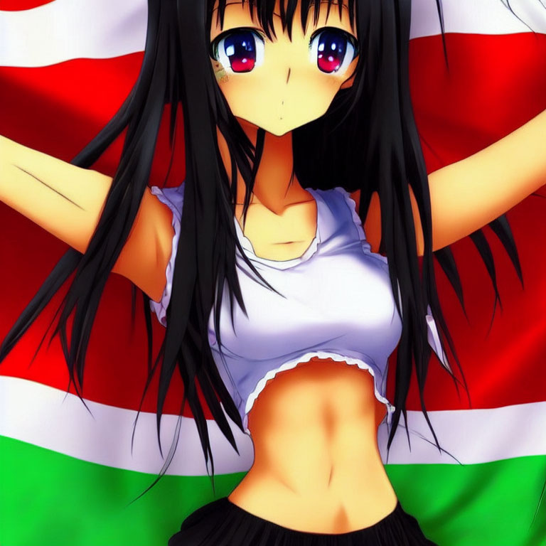 Anime character with long black hair, blue eyes, white tank top, arms outstretched on red