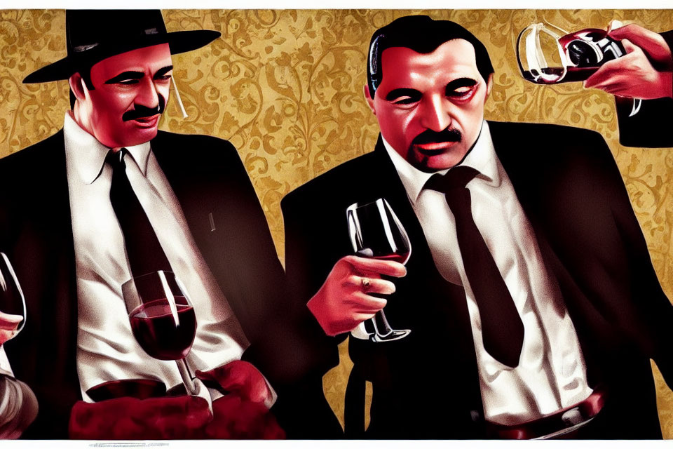 Vintage-themed artwork featuring two men in suits and fedoras holding wine glasses against a backdrop of rich,