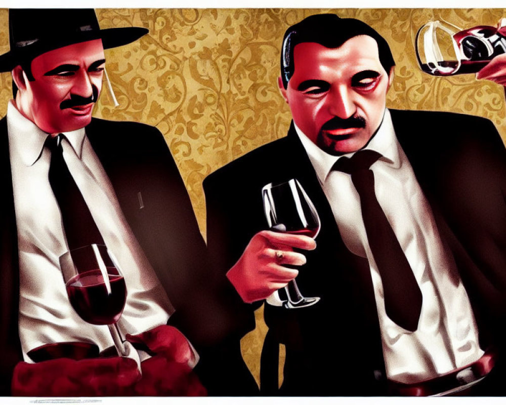 Vintage-themed artwork featuring two men in suits and fedoras holding wine glasses against a backdrop of rich,