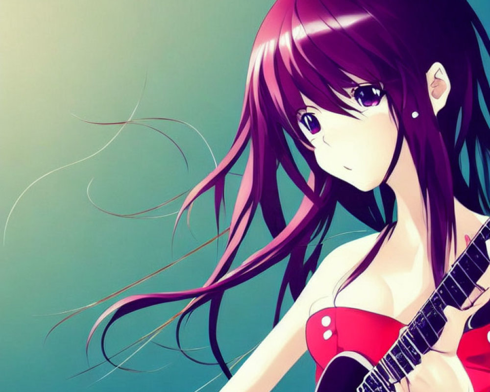 Purple-haired girl playing red guitar in anime style against teal background