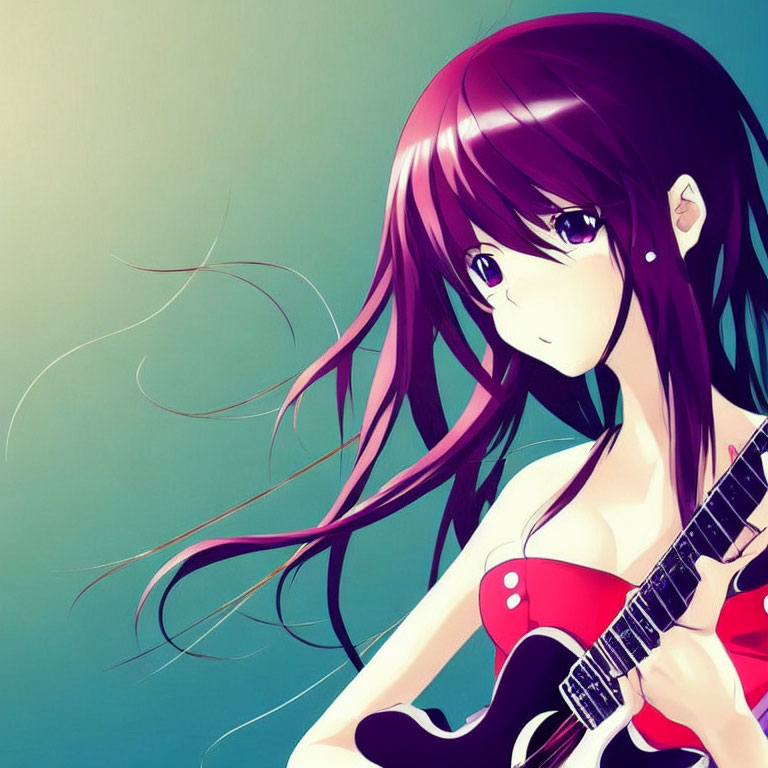 Purple-haired girl playing red guitar in anime style against teal background