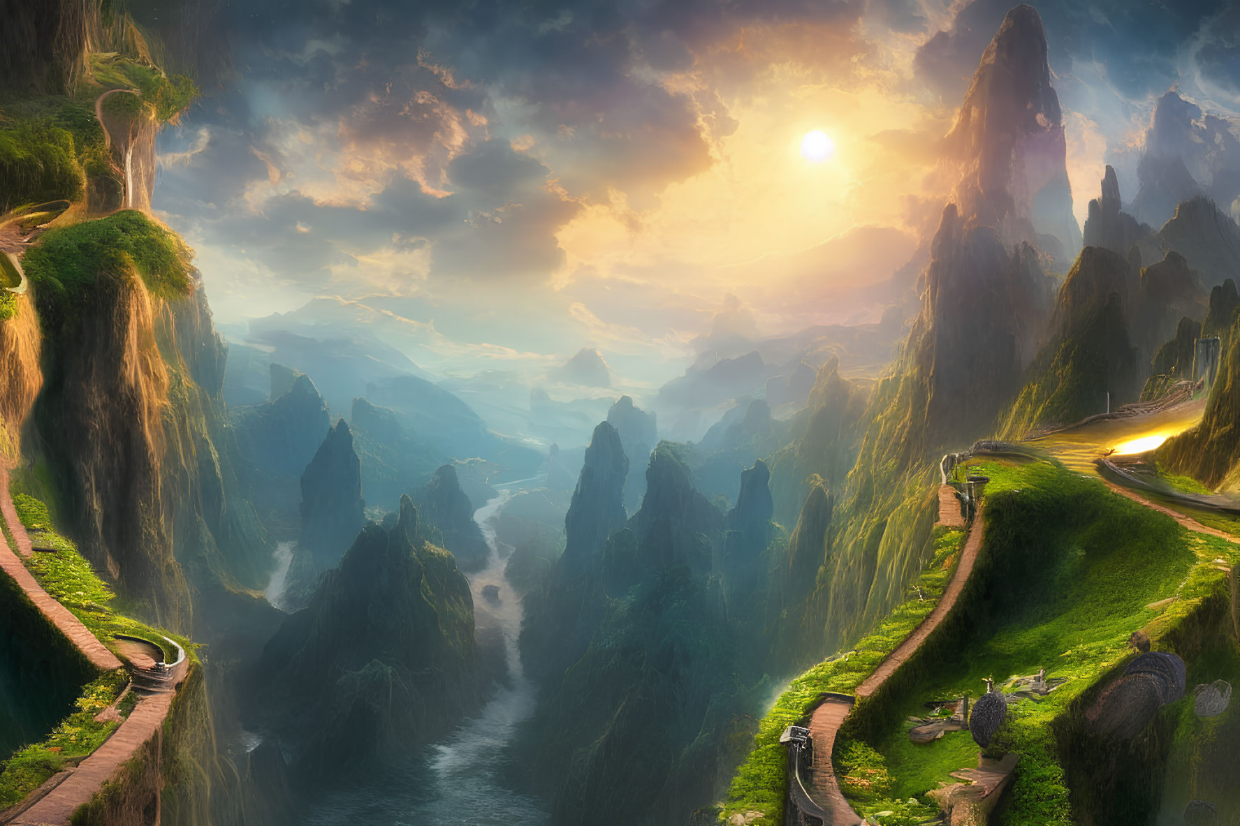 Tranquil fantasy landscape with winding paths, lush greenery, and setting sun