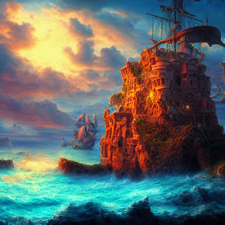 Vibrant sunset seascape with ship near towering cliff