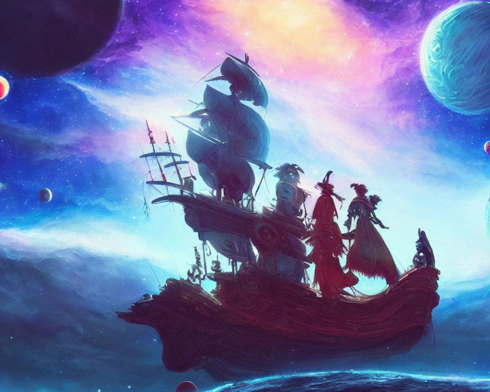 Digital painting of crew on galleon sailing through cosmic space