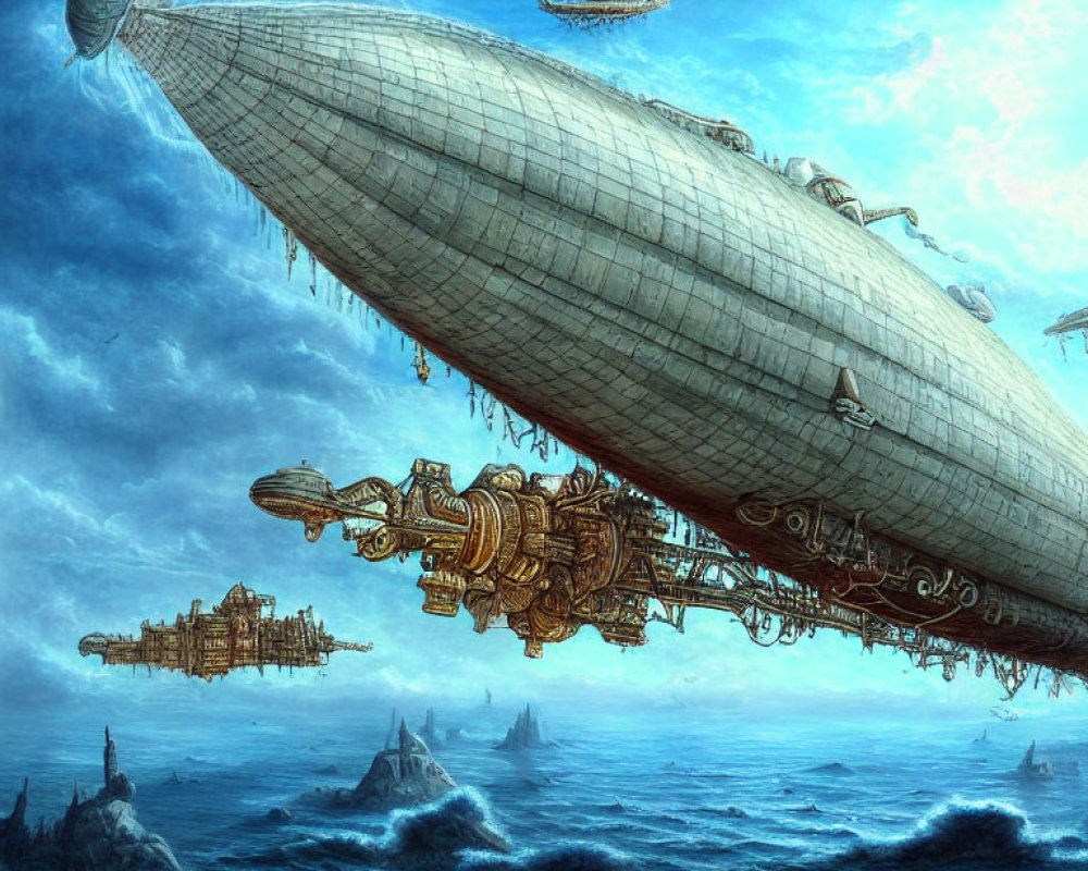 Fantasy artwork: Steampunk airships over turbulent sea