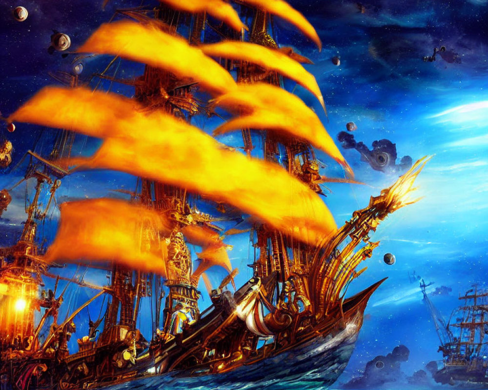Fantasy scene: fiery-sailed ship, starry sky, moons, floating rocks, galle