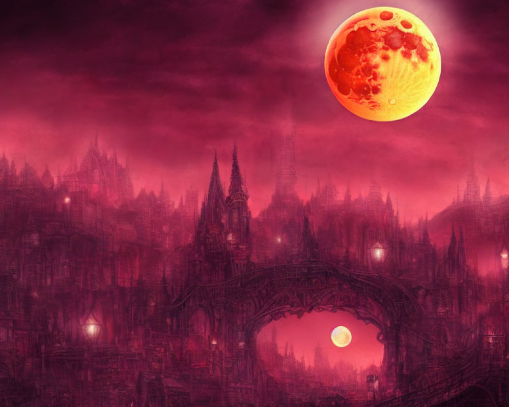 Crimson landscape with blood moon, gothic architecture, bridge, and eerie glow