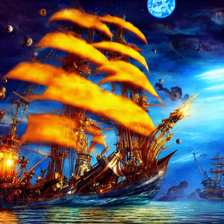 Fantasy scene: fiery-sailed ship, starry sky, moons, floating rocks, galle