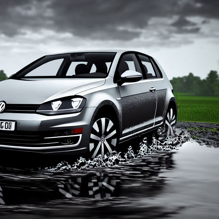 Black Volkswagen Golf parked on wet surface with water splashes, stormy sky, rural setting