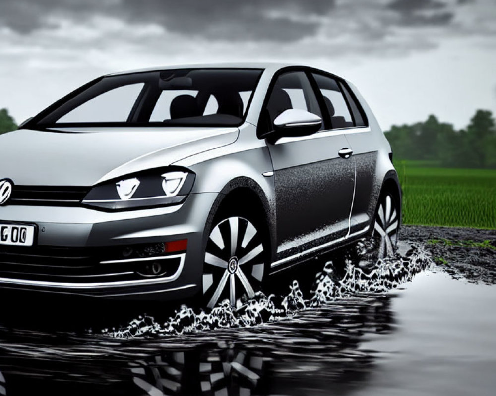 Black Volkswagen Golf parked on wet surface with water splashes, stormy sky, rural setting