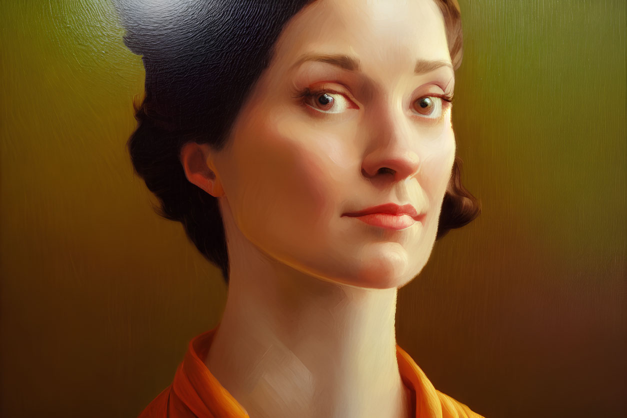 Portrait of Woman with Short Hair and Thoughtful Expression on Warm Background