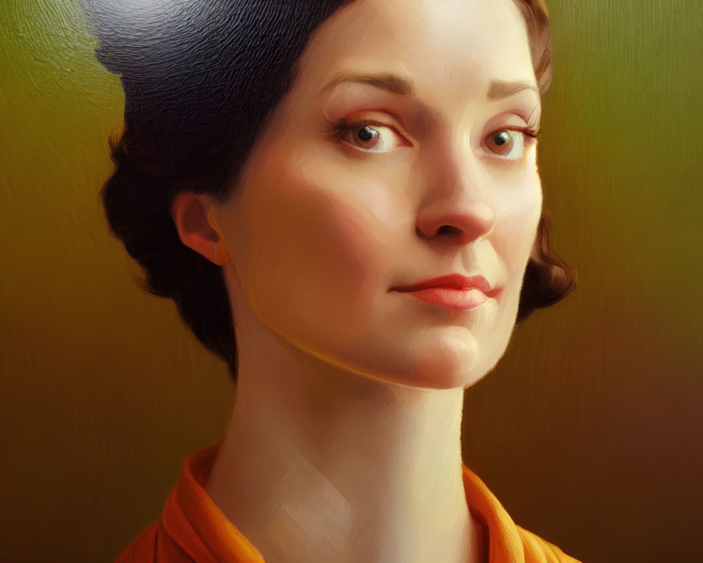 Portrait of Woman with Short Hair and Thoughtful Expression on Warm Background