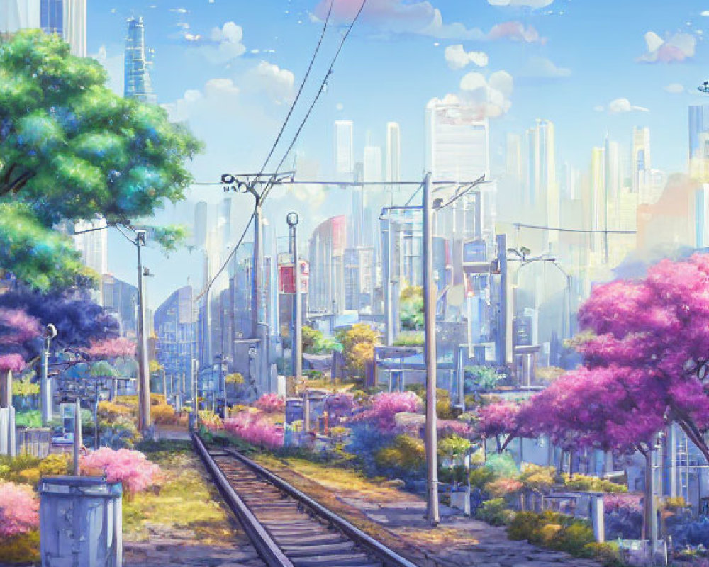 Futuristic cityscape with train track, skyscrapers, and trees