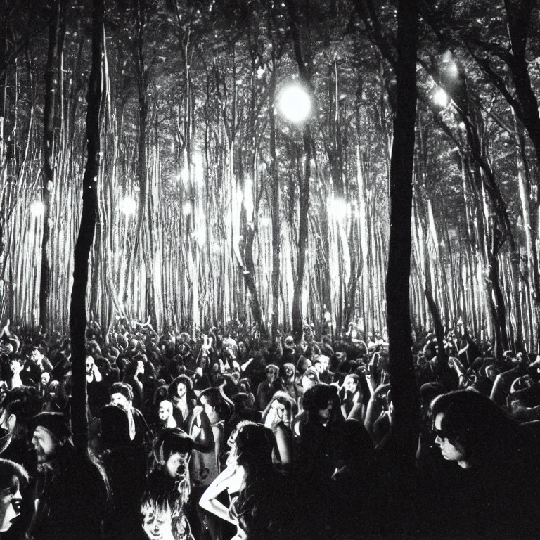 Monochrome image: Dense forest with tall trees, crowd of people at night