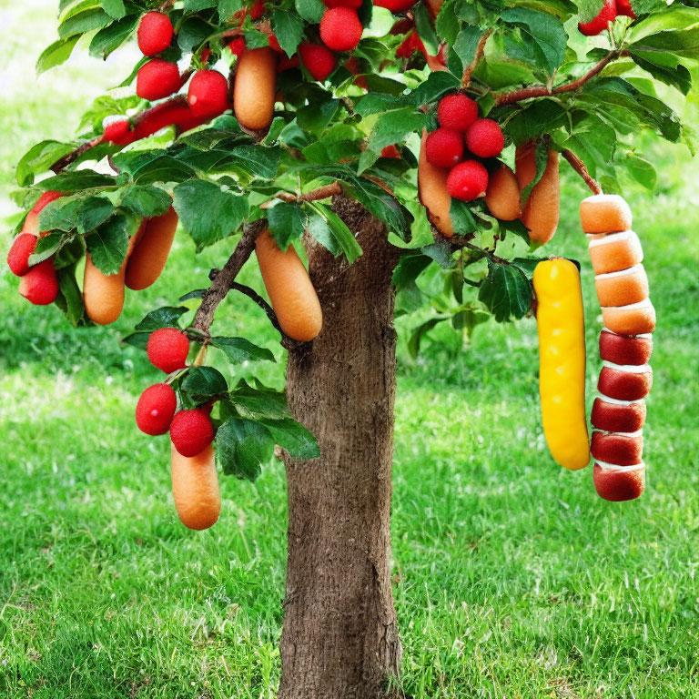 Manipulated image: Tree with hot dogs, sausages, and tomatoes on branches